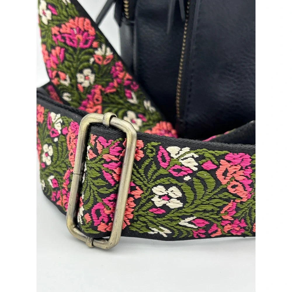 ANTIK KRAFT Black Vegan Leather Crossbody Sling Bag Floral Strap Embroidered